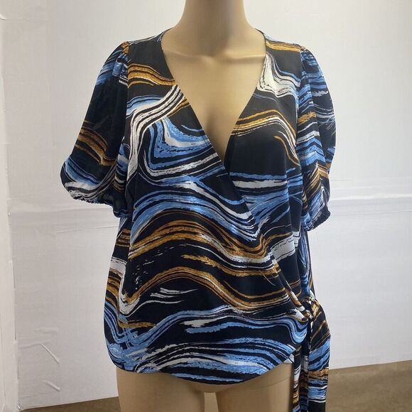 Nine West Blouse Wrap Top‎ Silky Shirt Womens Size Large Short Sleeve Tie Waist - Picture 1 of 15